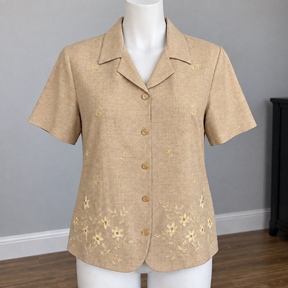 Alfred Dunner Women 12 Tan Floral Embroidered Beaded Button Blouse Grandmacore
